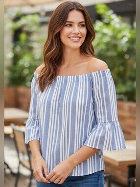 Crown & Ivy White & Blue Striped Off The Shoulder Top